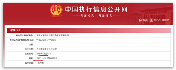 陽光城集團蘭州梨花島置業被列為被執行人，執行標的約121萬元